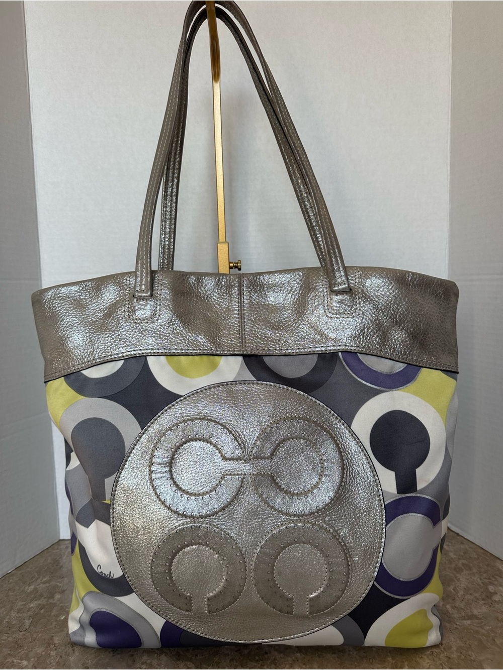 Coach Julia Op Art Scarf Print Perry Tote Bag Metallic Silver Purple 14970 Chic